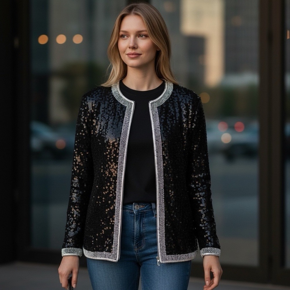 Jewel Queen Vintage Black Sequin Silk Jacket Silver‎ Beaded Trim Medium